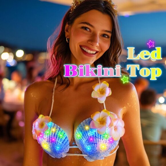 Light Up 2 Blue Mermaid Shell Bra Glowing Bikini Top Flower Rave Outfits Women - Picture 5 of 6
